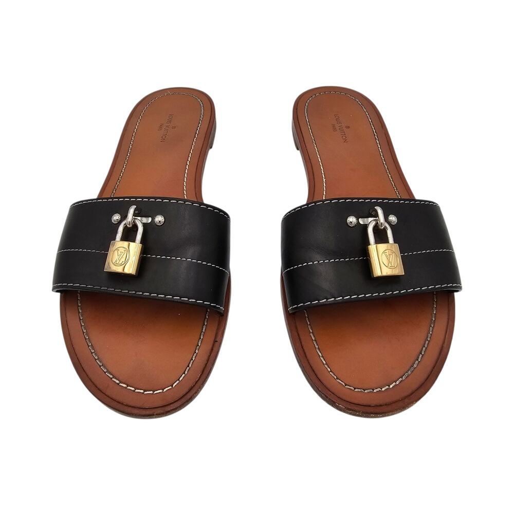 Louis Vuitton Lock It Flat Slide Sandal Black Brown Leather Gold Size 38 US 8 - Picture 4 of 13